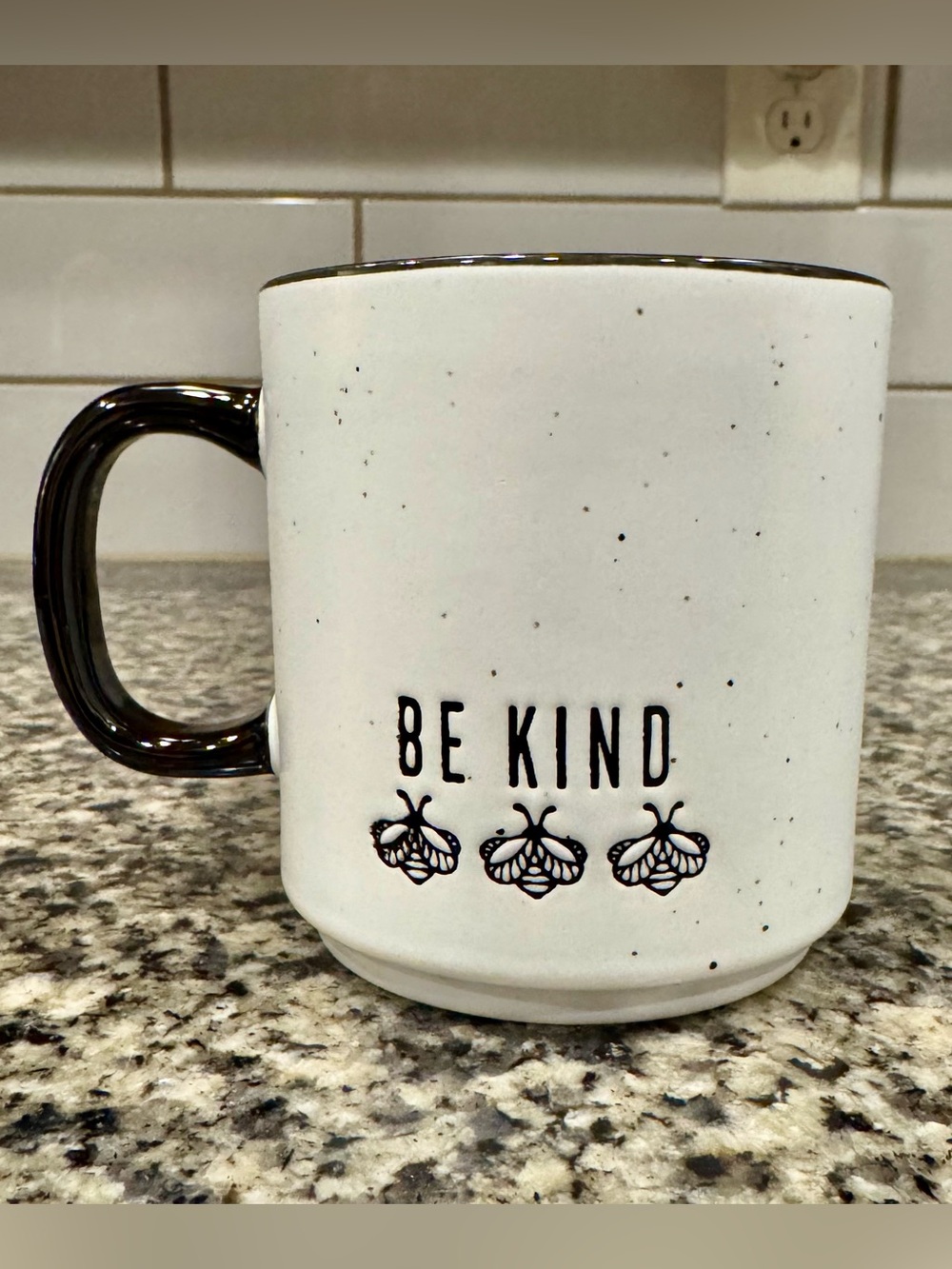 Sheffield Home "Be Kind" speckled white ceramic mug Yellow Interior~honeybees